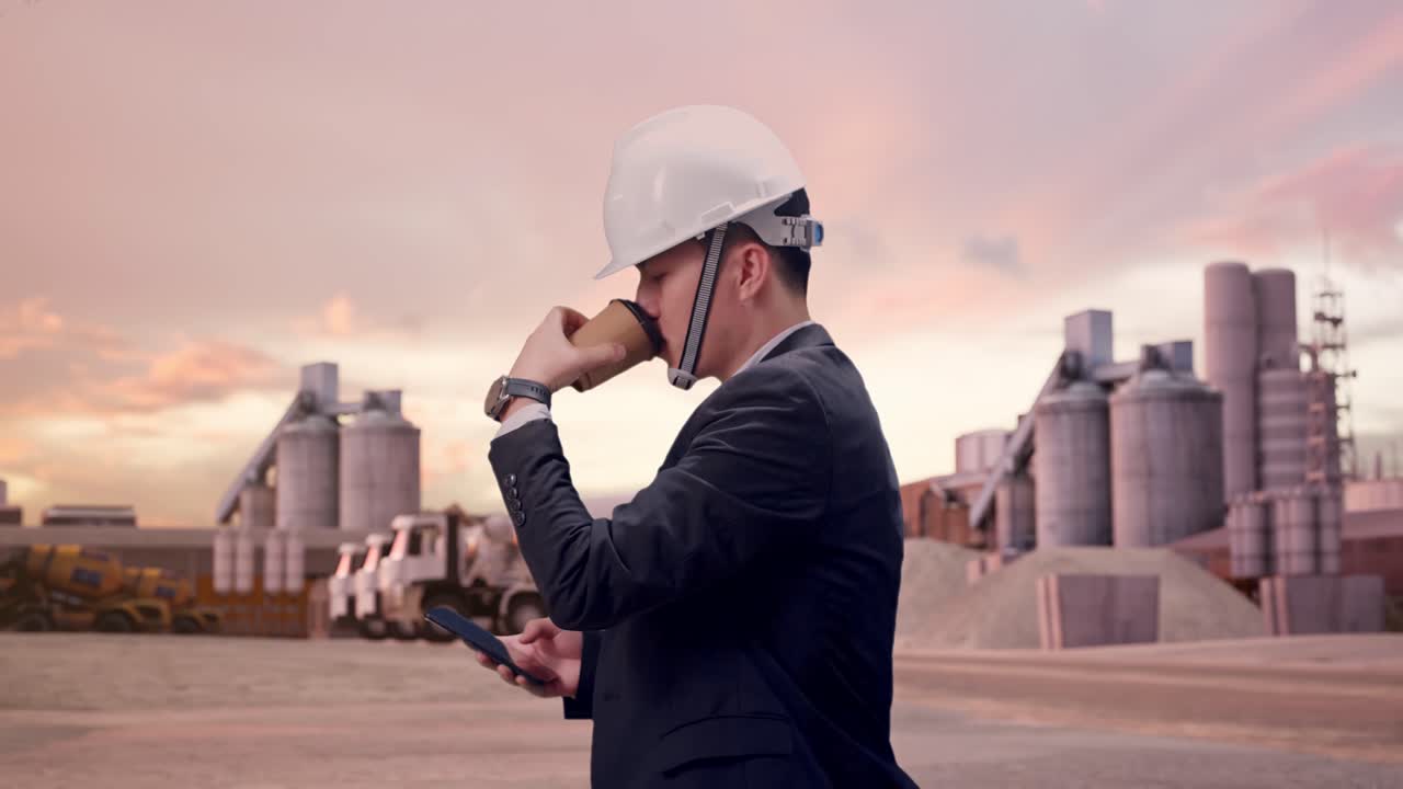 Vista lateral de un empresario asiático usando un teléfono inteligente, bebiendo café mientras camina por una planta de cemento industrial al atardecer.