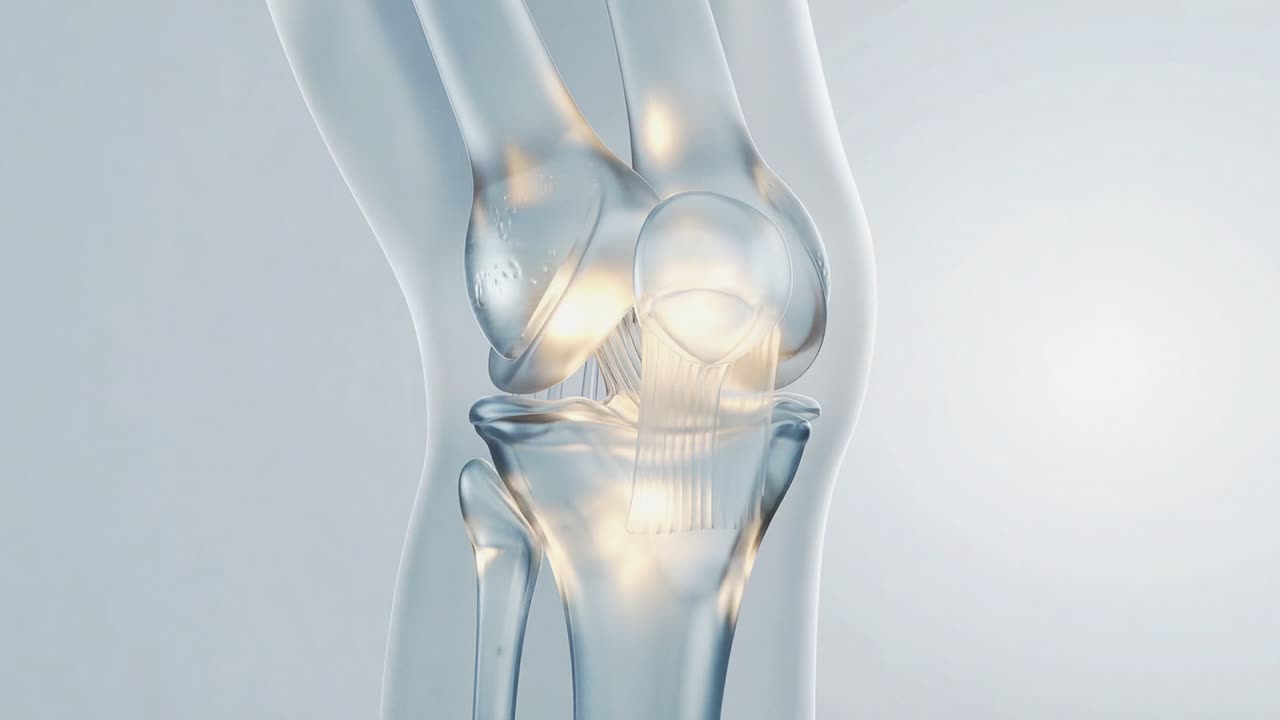 Transparent human knee joint bending and extending, showing bones, cartilage, ligaments and patella movement
