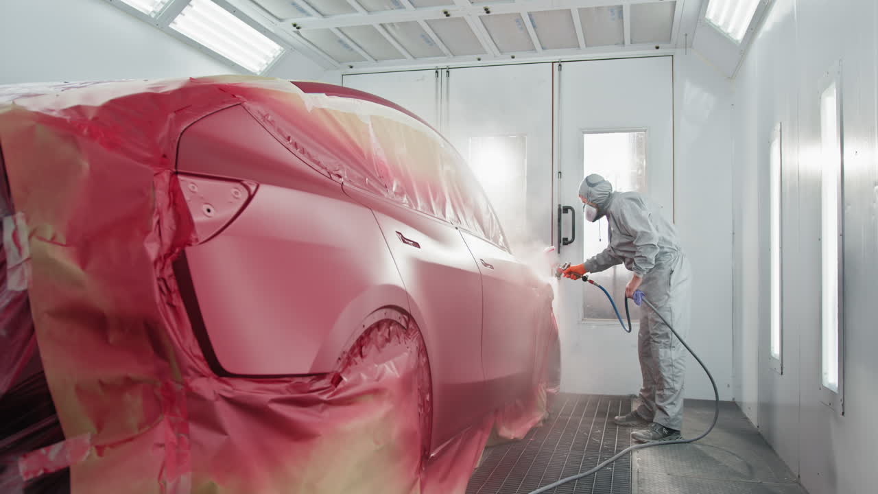 페인트 부스에서 자동차 페인팅