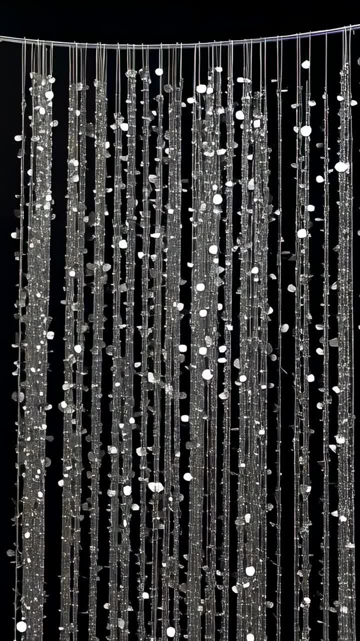 Vertical video: Camera moving closer to show detail, strands sparkling and swaying in gallery rail