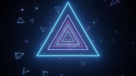 un túnel interminable de triángulos de neón multicolores luminosos para videos musicales, clubes nocturnos, pantallas led, espectáculos de proyección, mapeo de video, actuaciones audiovisuales, eventos de moda.