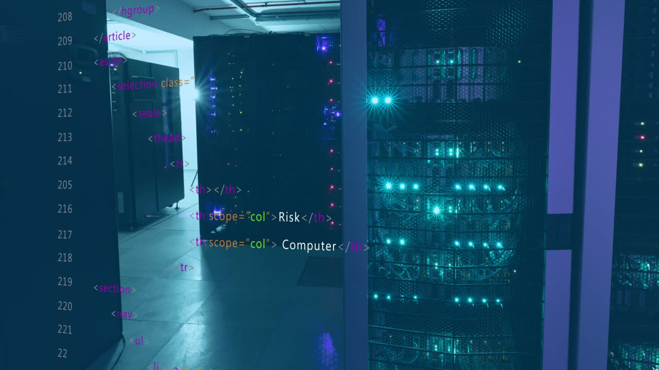 Animation of programming language over data server racks