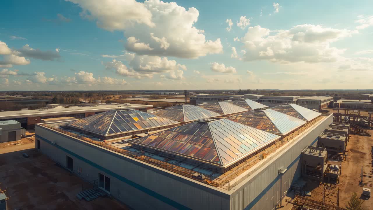 Drone-mounted camera ascending and panning over roof at golden hour, capturing pyramidal skylights