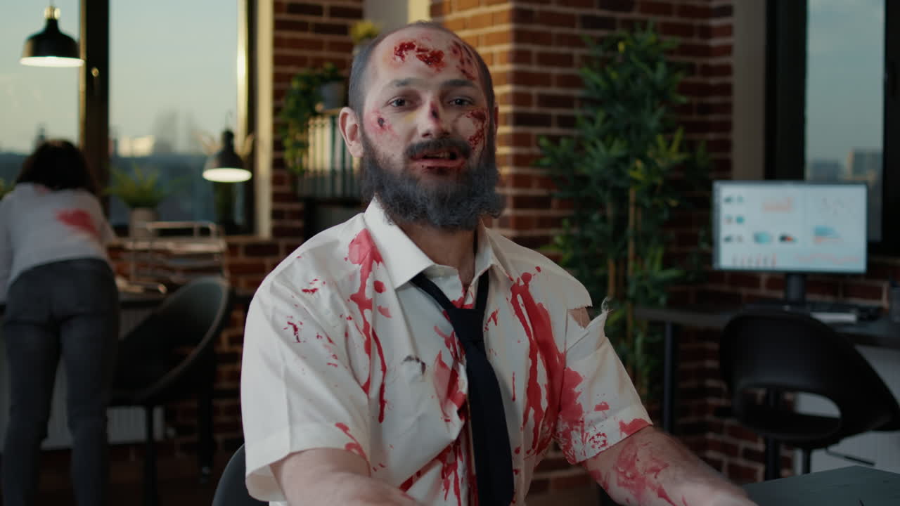 Creepy zombie office worker with deep and bloody face wounds smirking bizarre at camera