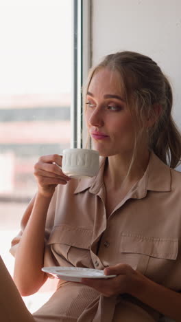 young blonde woman leaned on pillow enjoys city view outside window and drinks hot coffee in white cup sitting in light modern room slow motion