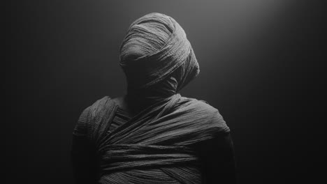 a mummy of a woman on a dark backdrop quickly rises her head