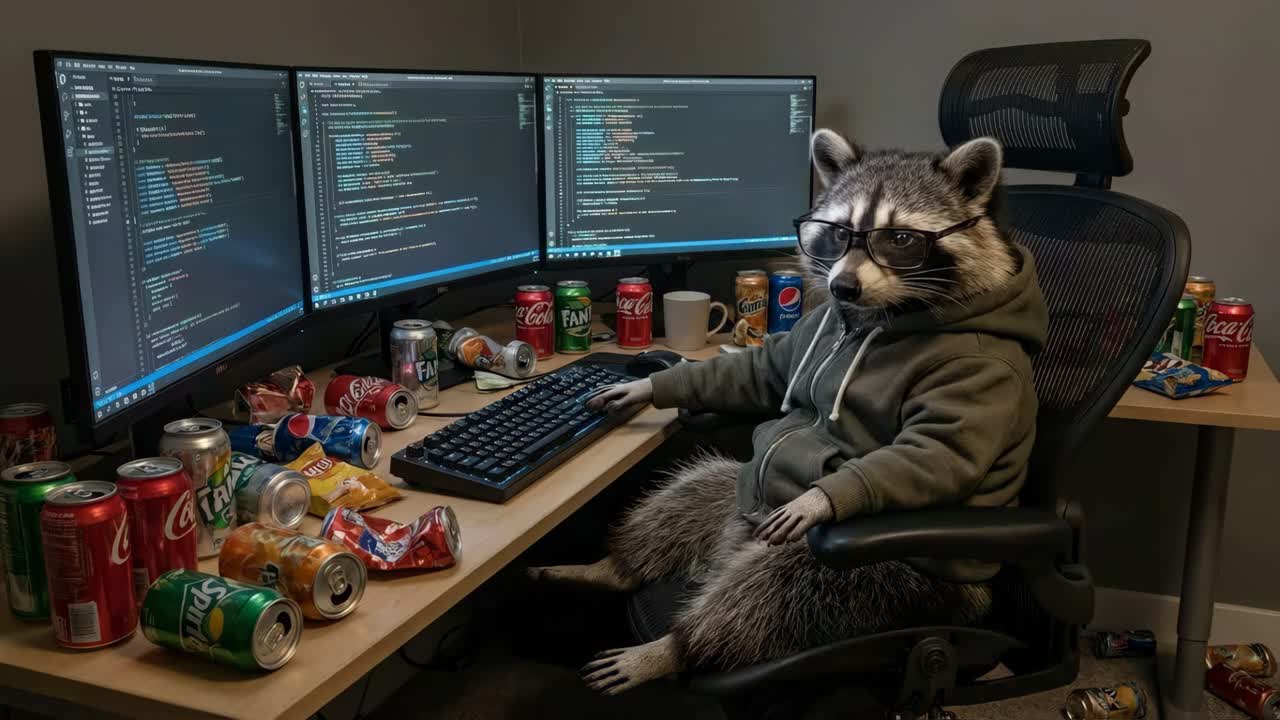 A raccoon programmer surrounded by empty soda cans coding on a triple monitor setup