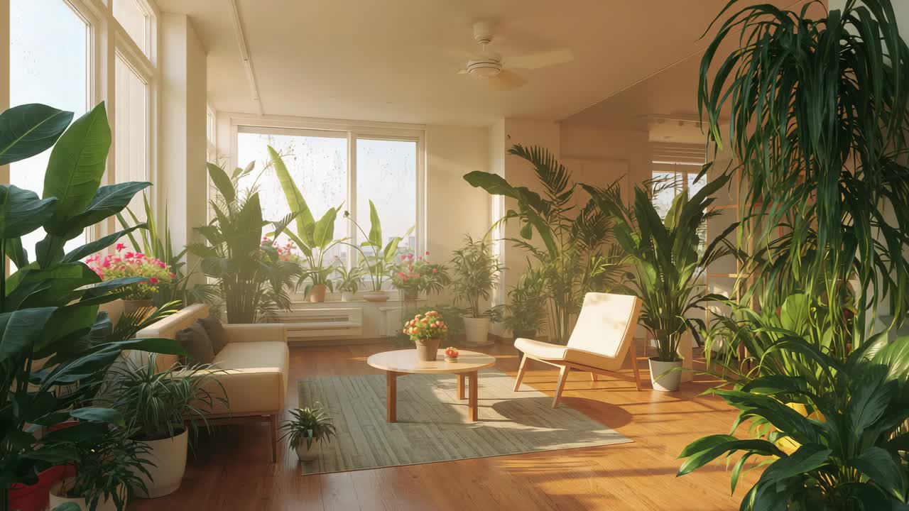 Shifting sunlight through panes and fan spinning, living room seating and plants showing motion
