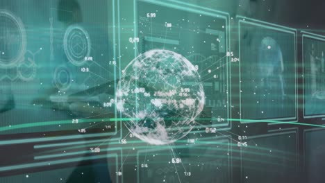 animation of data processing with globe over caucasian doctor