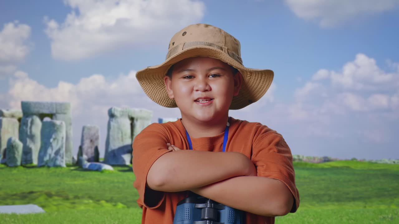 Asian Boy With A Hat And Binoculars Crossing Arms And Smiling To Camera While Traveling In Stonehenge. Boy Researcher Examines Something, Travel Adventure Concept, Close Up