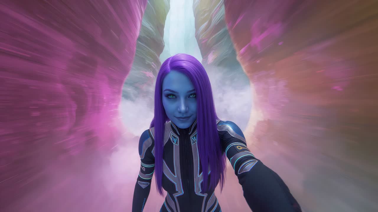 Figura con la pelle blu che cammina attraverso la nebbia di un canyon al neon, attratta da una fessura luminosa, in tuta illuminata, capelli viola