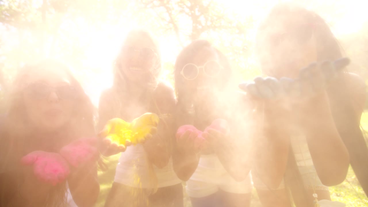 grupo multiétnico celebrando el festival de holi en el parque