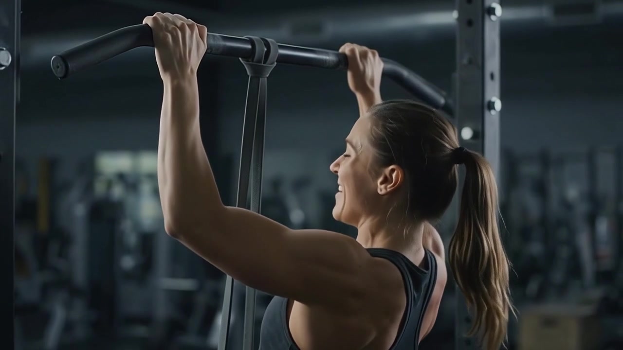 Fit Woman Performing Assisted Pull-Ups in a Gym