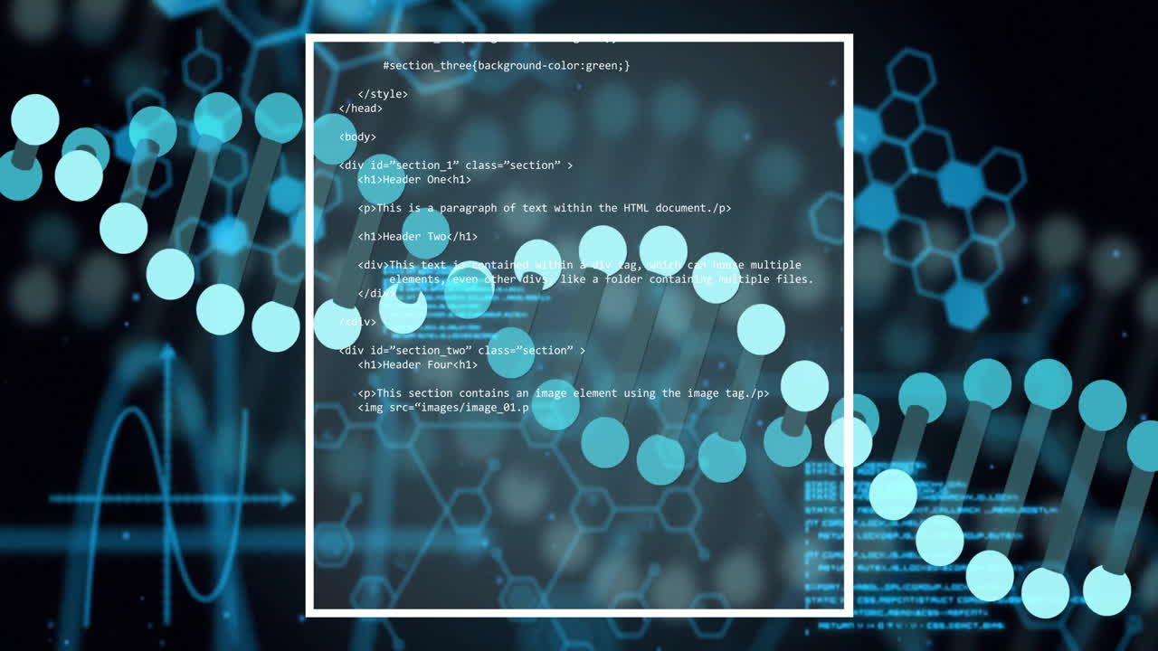 código de programación y animación de la estructura molecular en el fondo de la interfaz digital