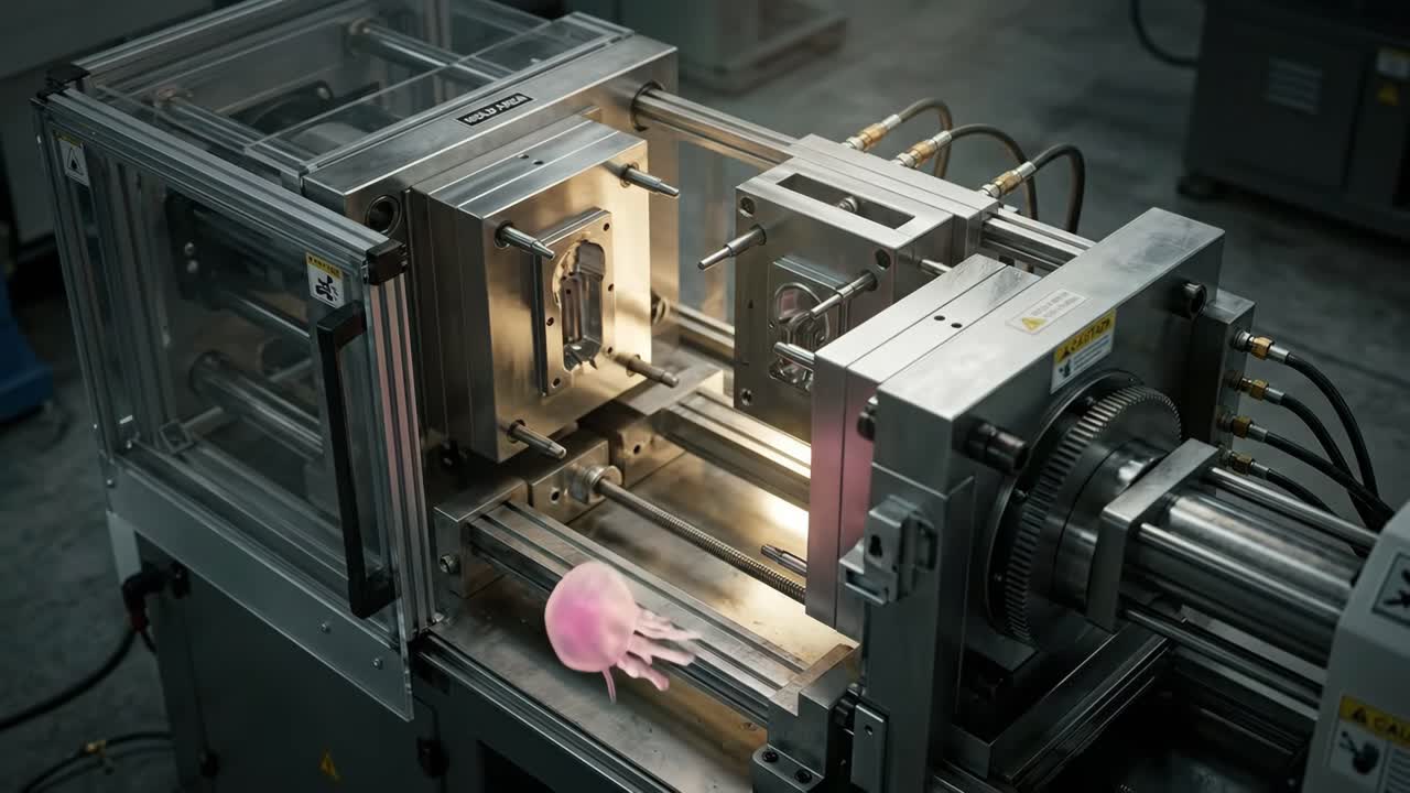 Automated Injection Molding Machine Producing a Translucent Jellyfish Toy