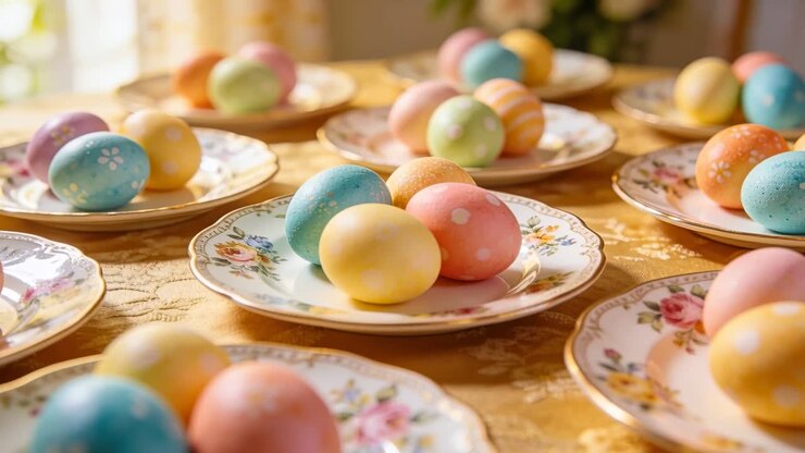 Camera pushing forward racking focus focusing center eggs while sides blurring for Easter decor