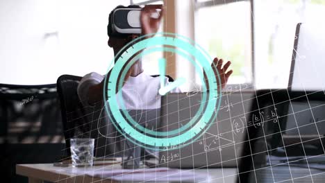 Animation-of-clock-and-mathematical-formulas-over-businessman-using-vr-headset