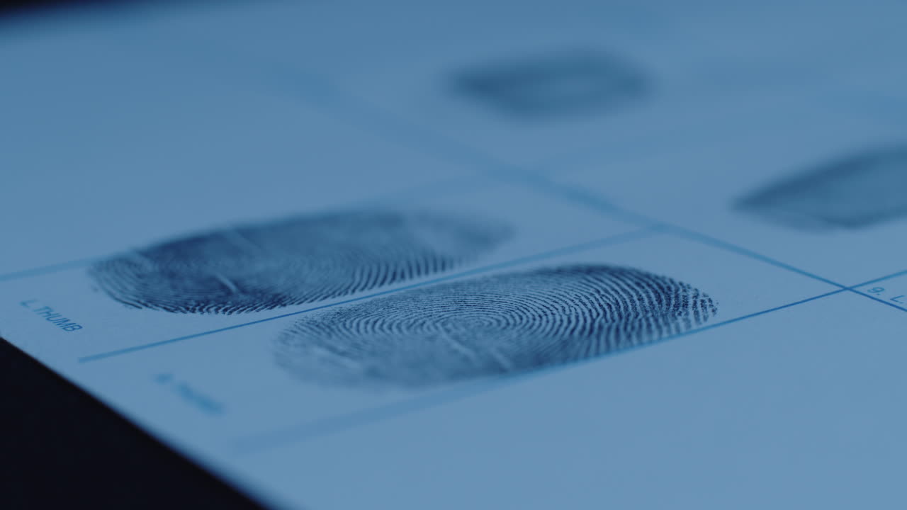 Close-Up Of Thumbprint Being Applied To Paper With Another Hand On Top In Blue Lighting