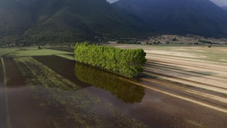 Vista-Aérea-Del-Lago-Stymphalia,-Ubicado-En-La-Parte-Nororiental-Del-Peloponeso,-En-Corinthia,-Sur-De-Grecia,-Donde-Hércules-Derribó-A-Las-Aves-Stymfalian-Según-El-Antiguo-Mito