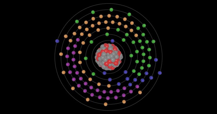 3D animation of a Darmstadtium atom on a transparent background showing shells, subshells, electron orbits, and nucleus with protons and neutrons, illustrating atomic structure and energy levels.