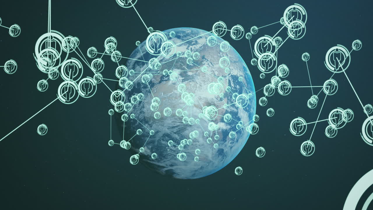 검은 바탕에 전 세계에 있는 아이콘으로 연결된 네트워크의 애니메이션