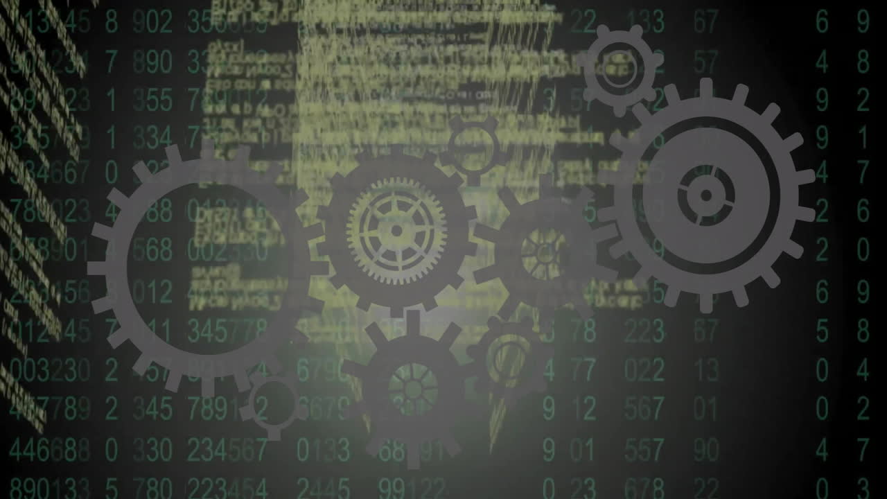 Gears and numbers animating over digital data background with futuristic elements