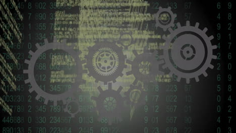 gears and numbers animating over digital data background with futuristic elements