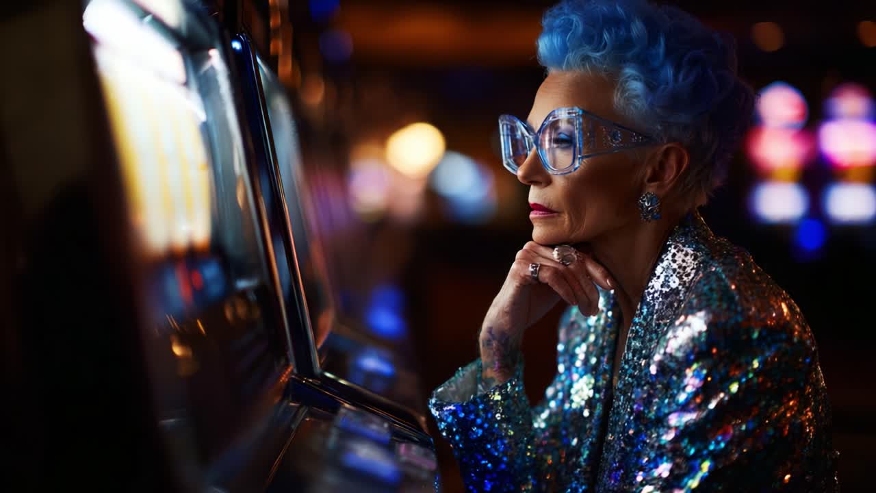 Una persona affascinante con capelli blu e un abito scintillante osserva intensamente una slot machine in un casinò, catturando momenti di attesa e glamour nel gioco d'azzardo