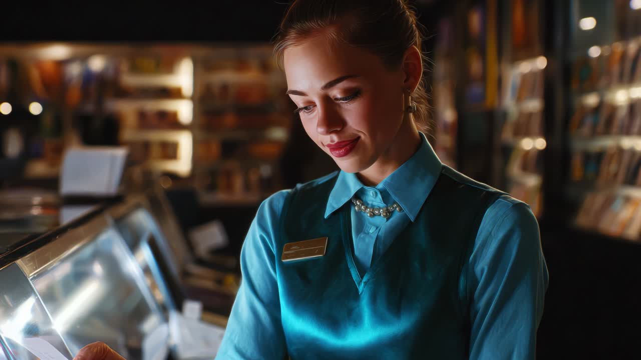 A Young Woman in a Stylish Aqua Vest Reads a Document Intently in a Modern Retail Environment, Surrounded by Shelves Filled with Various Products and Softly Lit by Ambient Lighting