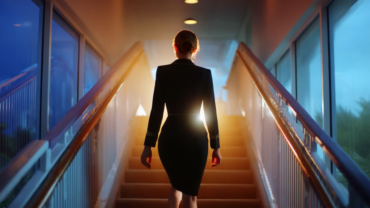 A woman in a sleek black dress ascends a well-lit staircase, the soft glow from the lights casting an enchanting aura around her as she steps confidently toward the future, embodying elegance and determination