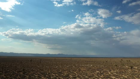 Cinematic-view-of-the-Mojave-Desert-basin-with-Joshua-trees-growing-in-the-barren-landscape--aerial-sliding-flyover-view