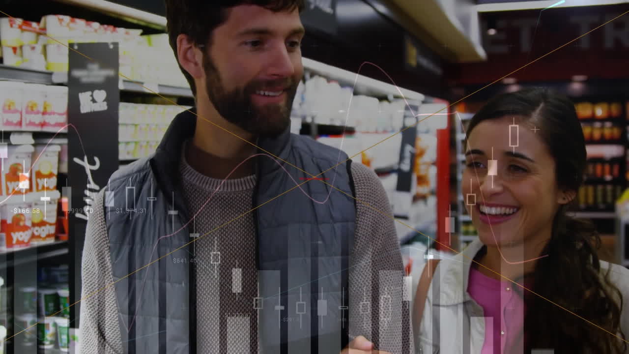 animación del procesamiento de datos financieros en las compras de comestibles de una pareja caucásica