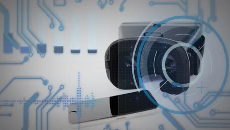 round scanner and microprocessor connections over smartphone and vr headset against white background