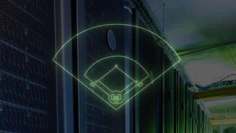 animation of illuminated baseball field drawing over server room in background