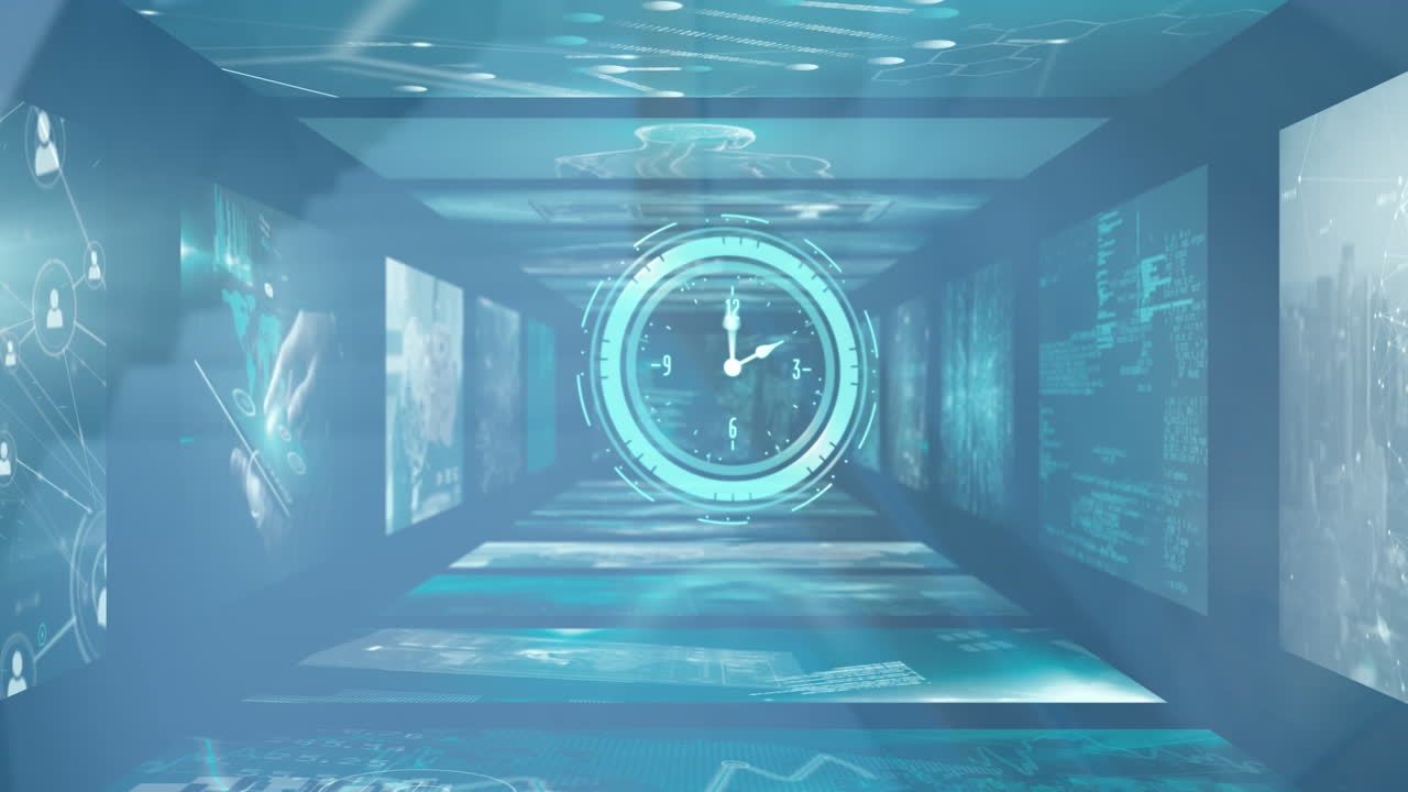 움직이는 시계의 애니메이션과 배경의 화면에서 다양한 데이터 처리