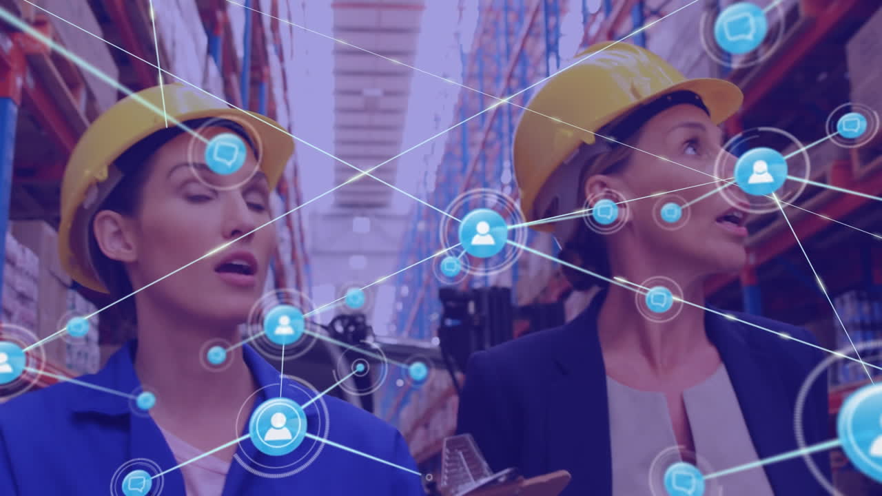 창고에서 재고를 확인하는 백인 여성 감독자와 노동자에 대한 아이콘 네트워크의 애니메이션