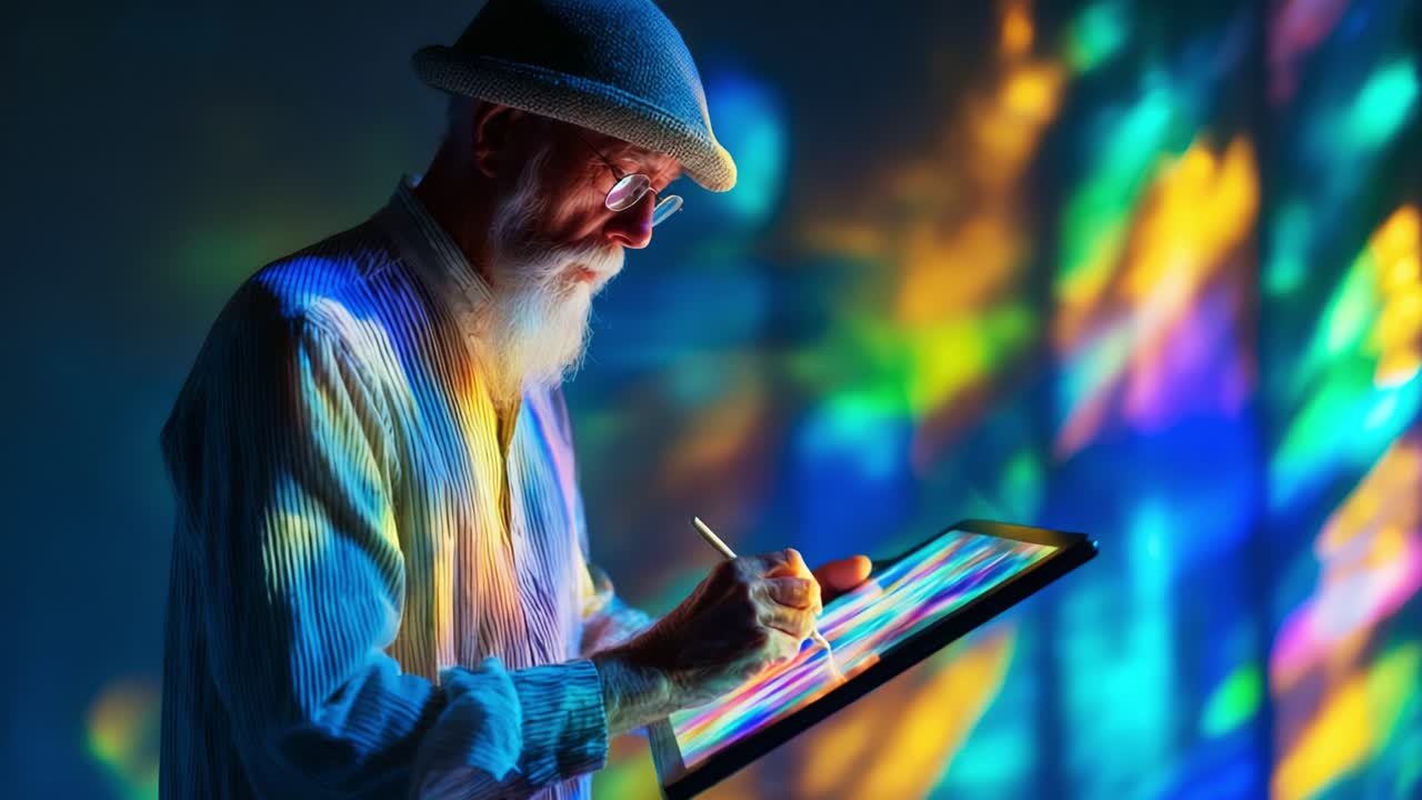 An elderly artist passionately engaged in painting on a digital tablet, surrounded by captivating rainbow colors and soft light reflections that inspire creativity and imagination