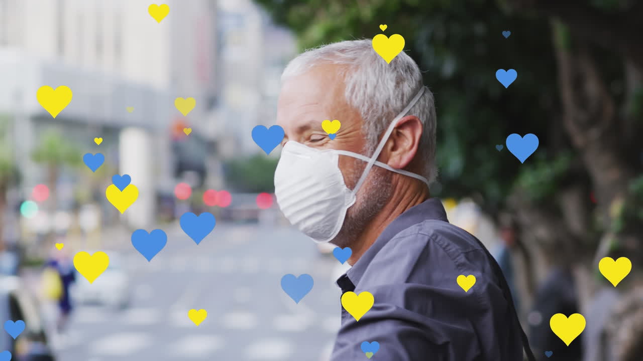 얼굴 마스크를 쓰고 있는 백인 남성들에게 떨어지는 마음의 애니메이션