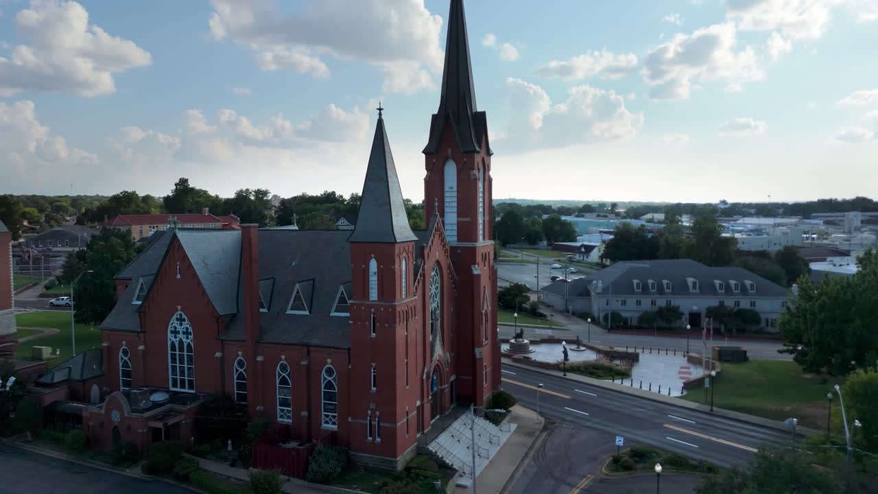 Aerial view Spire of the Immaculate Conception Church in Fort Smith, Arkansas