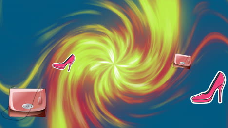 animation of women's pink handbags and shoes over yellow swirl on blue