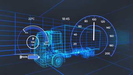 animation of car interface over digital lorry model on black background