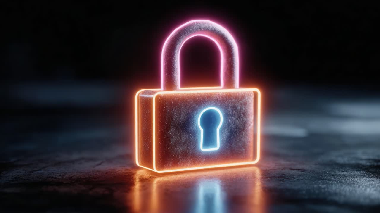 A Stunning Neon Lock with Illuminated Edges Symbolizing Security and Protection Against Unauthorized Access in a Dark Environment