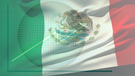 animation of data processing over flag of mexico and globe