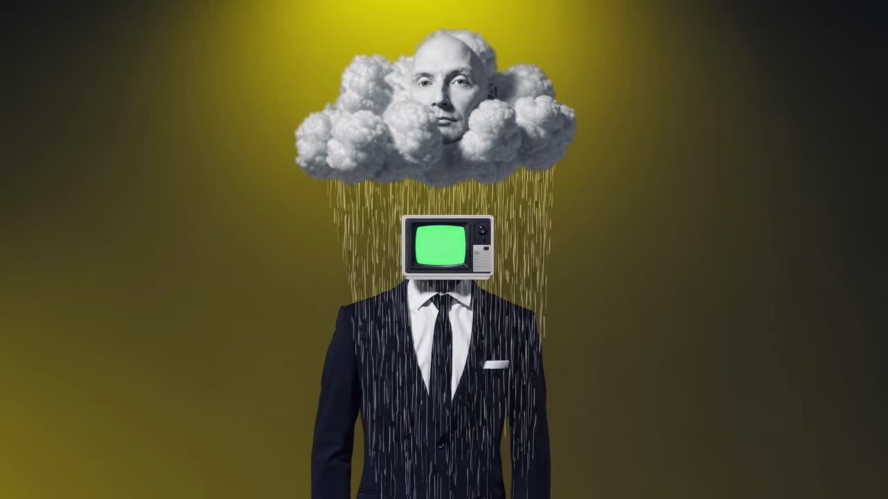 hombre con una nube y una televisión para la cabeza