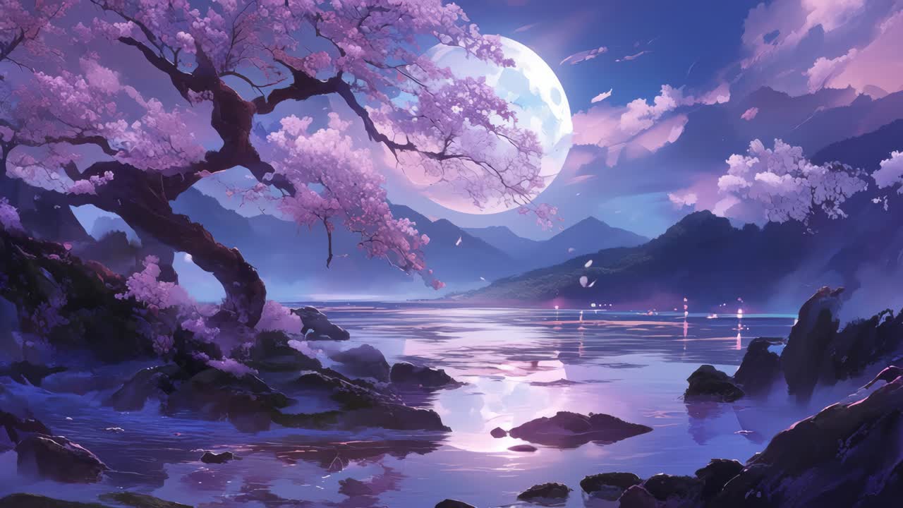 Un paesaggio sereno e illuminato dalla luna con fiori di ciliegio, ripreso con una visuale grandangolare