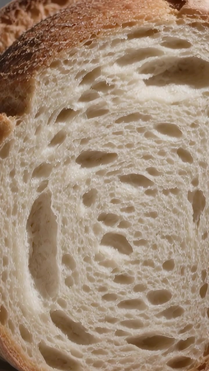 Vertical video: Zooming camera revealing artisan slice on wood board, showing crumb, gray backdrop