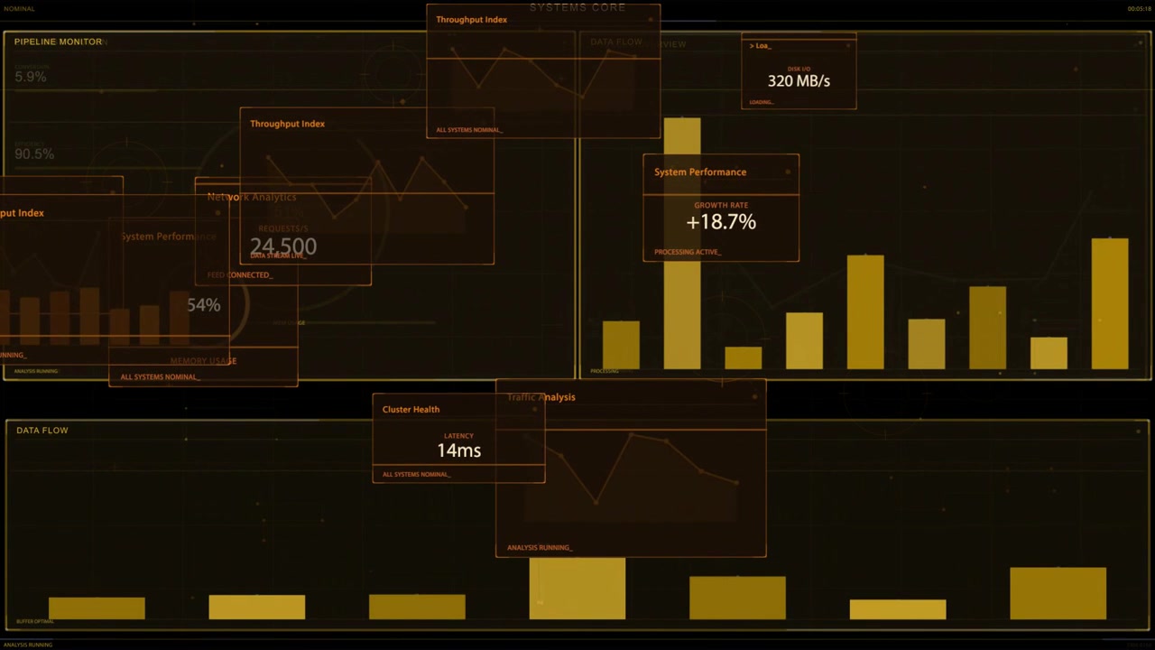 Black screen fading, revealing SYSTEMS CORE HUD with sliding popups and bars growing, showing load