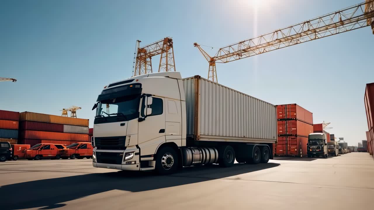 A dynamic video shot of a white truck in a shipping yard, captured from a low angle