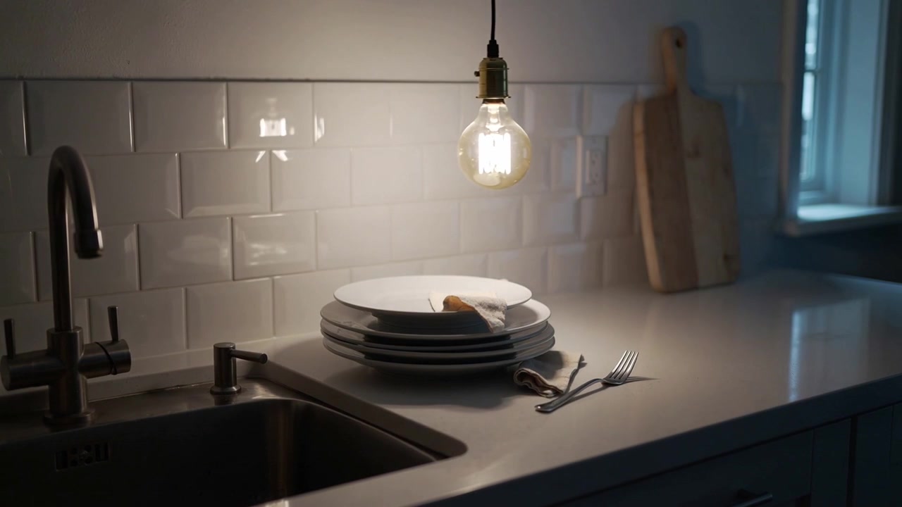Pulsing pendant bulb, white plate stack napkin and fork reflecting warm light on kitchen counter