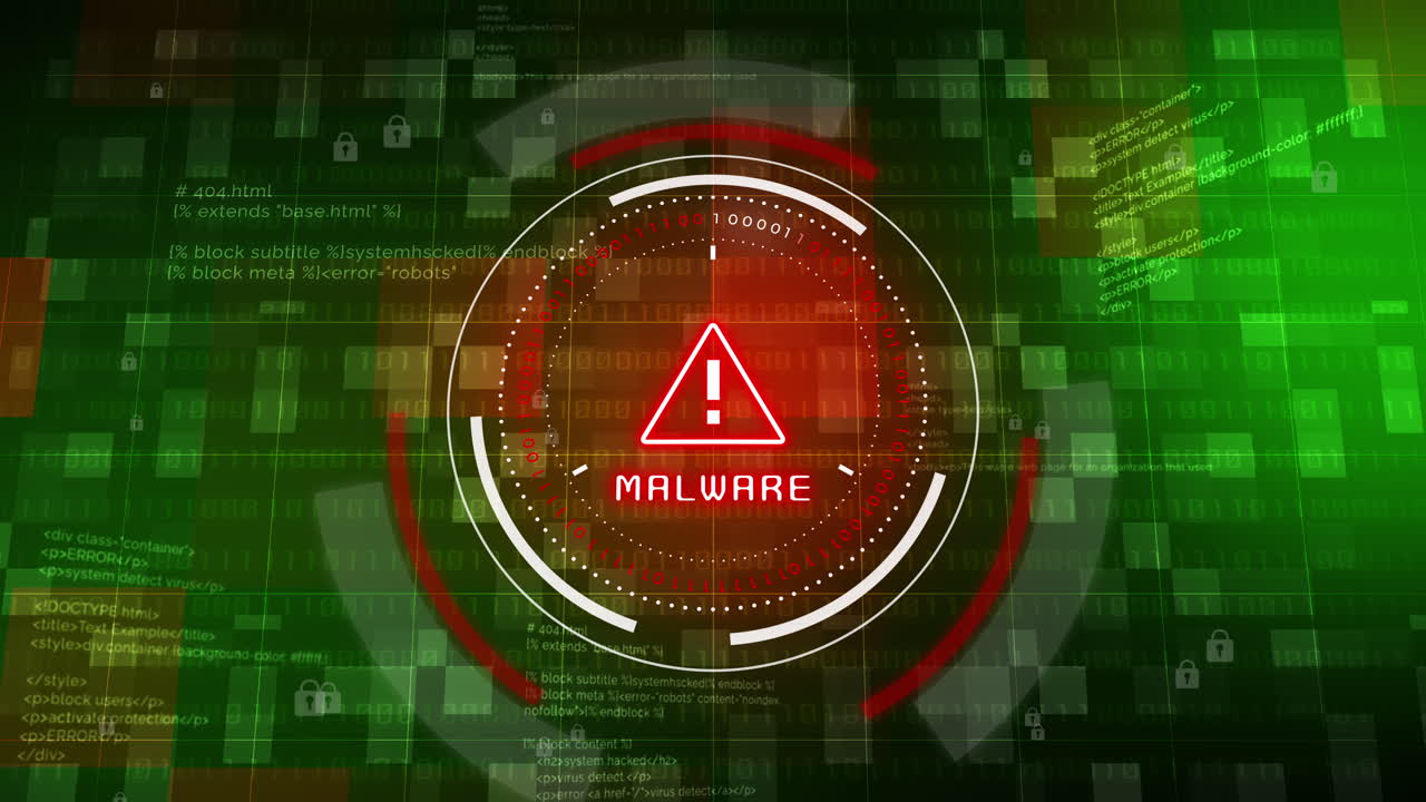 Red MALWARE warning with exclamation mark in circle with numbers. Green background with text code and lock symbols. Digital cyber security of computer software. Looped animation.